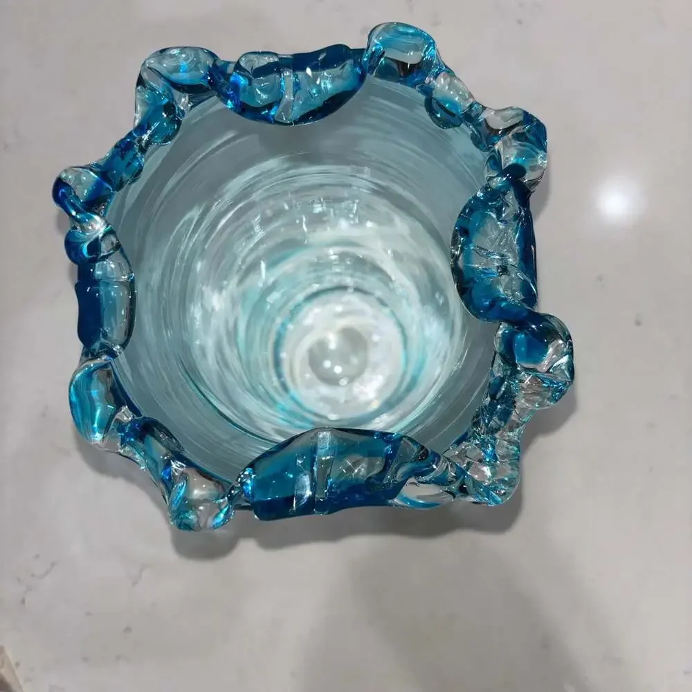 Vintage Hand Blown Ruffled Ocean Blue Crest Vase 12”